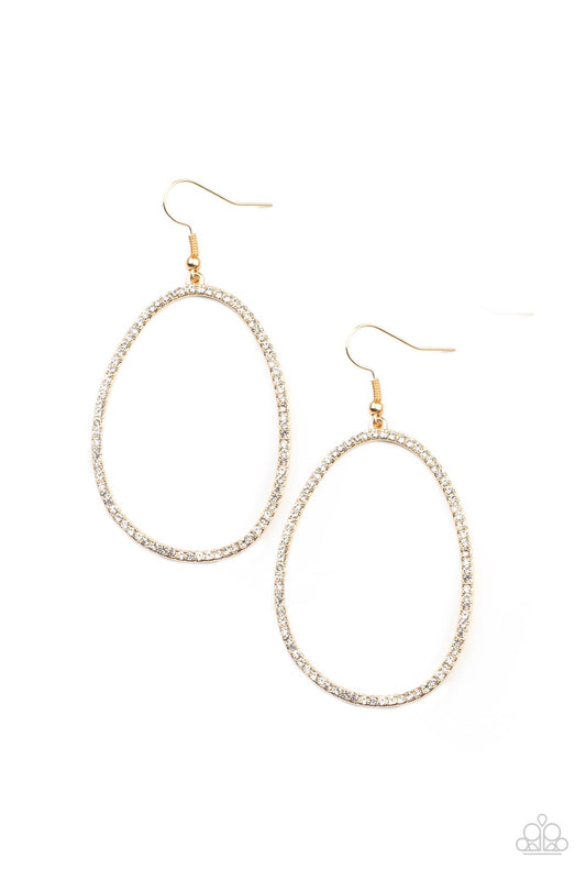 Paparazzi Accessories-OVAL-ruled Gold White Rhinestone Earrings