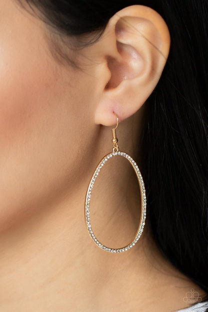 Paparazzi Accessories-OVAL-ruled Gold White Rhinestone Earrings