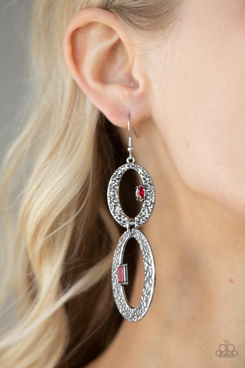 Paparazzi Accessories-OVAL and OVAL Again Red Rhinestone Oval Earrings