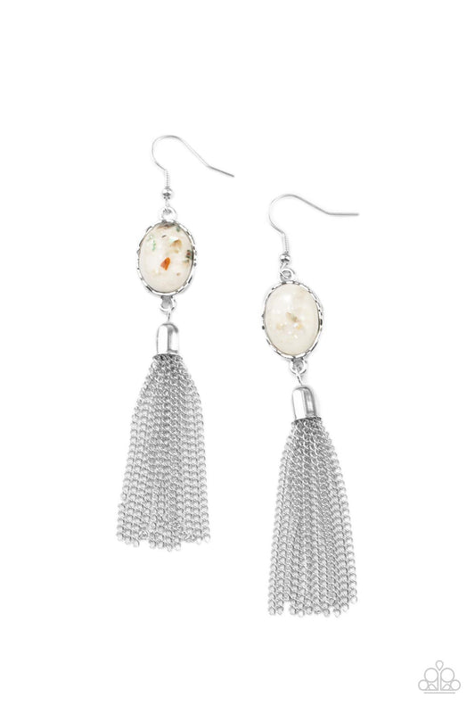 Paparazzi Accessories-Oceanic Opalescence White Glassy Silver Bead Tassel Earrings