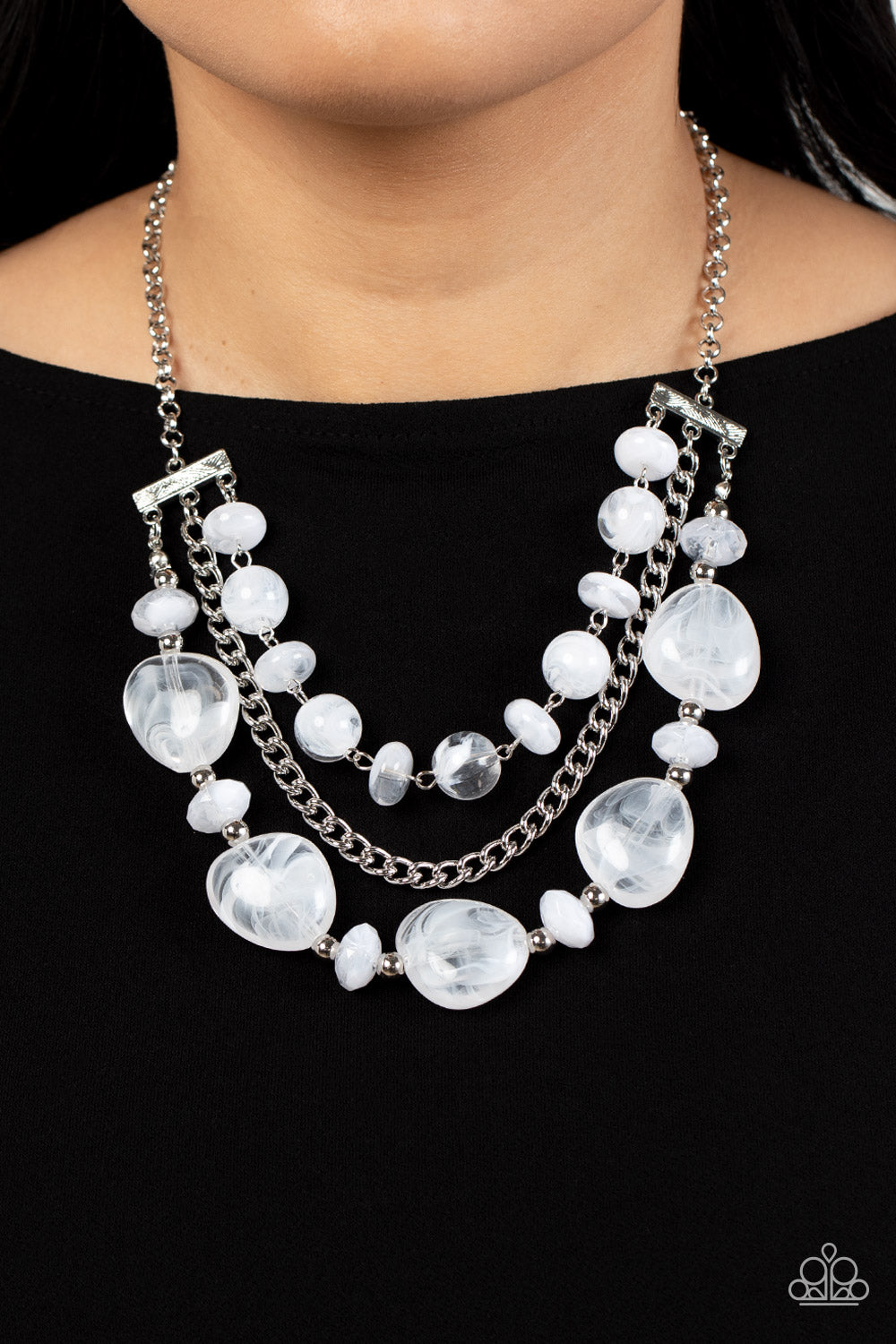 Paparazzi Accessories-Oceanside Service White Cloudy Glass Bead Necklace Set