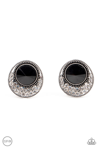 Paparazzi Accessories-Off The RICHER Scale Black Glassy White Rhinestone Earrings