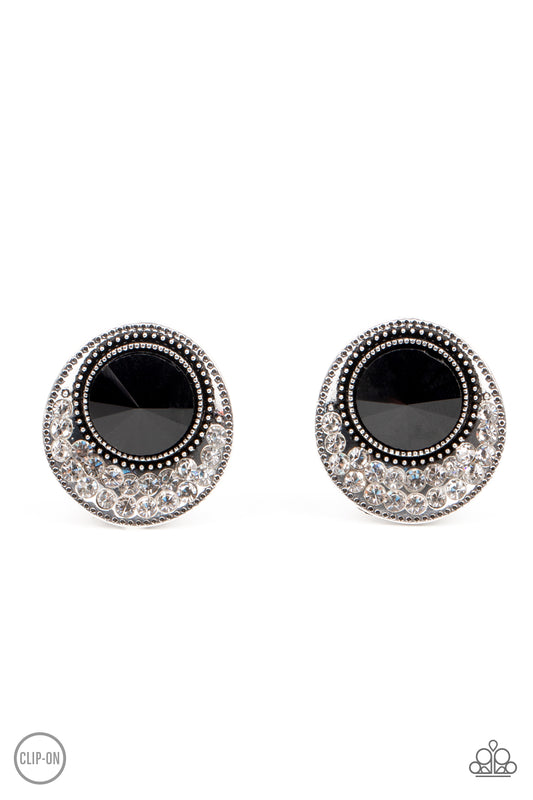 Paparazzi Accessories-Off The RICHER Scale Black Glassy White Rhinestone Earrings