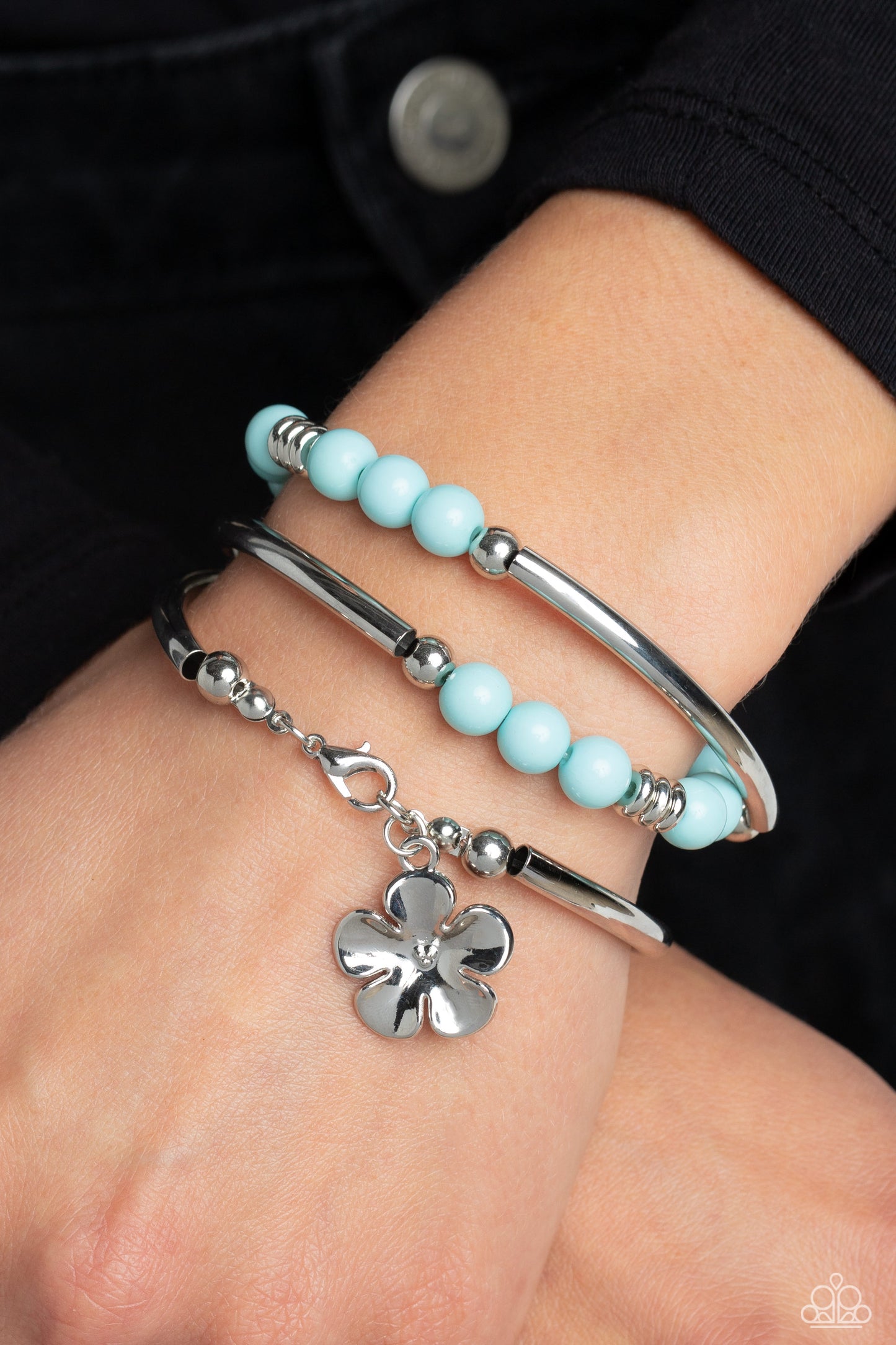 Paparazzi Accessories-Off The WRAP Blue Bead Silver Flower Charm Bracelet