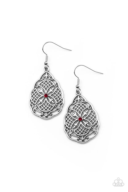 Paparazzi Accessories-Paradise Picnic Red Rhinestone Scalloped Earrings