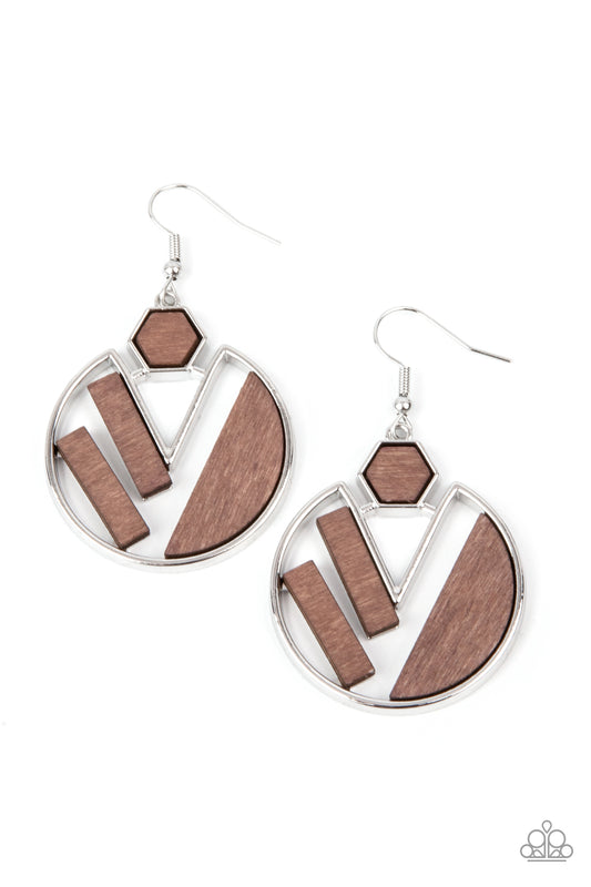 Paparazzi Accessories-Petrified Posh Wooden Brown Geometric Earrings