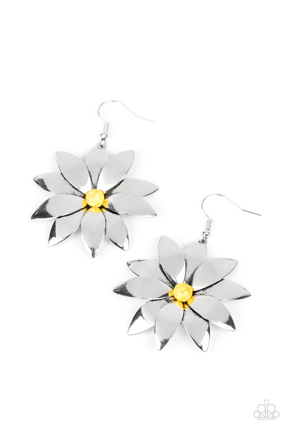 Paparazzi Accessories-Pinwheel Prairies Yellow Stone Silver Bloom Earrings