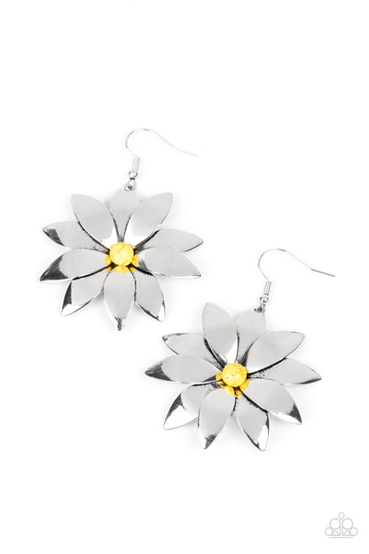 Paparazzi Accessories-Pinwheel Prairies Yellow Stone Silver Bloom Earrings