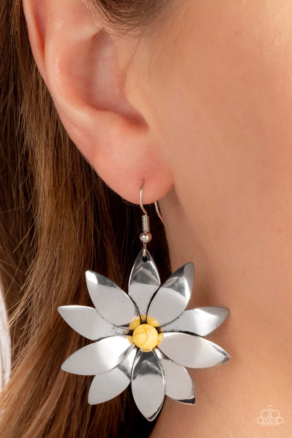 Paparazzi Accessories-Pinwheel Prairies Yellow Stone Silver Bloom Earrings