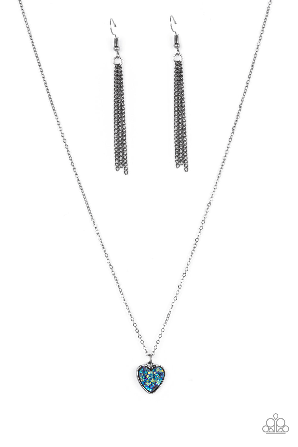 Paparazzi Accessories-Pitter-Patter, Goes My Heart Blue Glittery 3D Pendant Necklace Set
