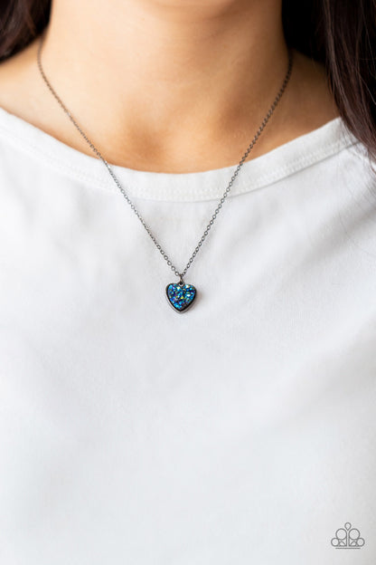 Paparazzi Accessories-Pitter-Patter, Goes My Heart Blue Glittery 3D Pendant Necklace Set