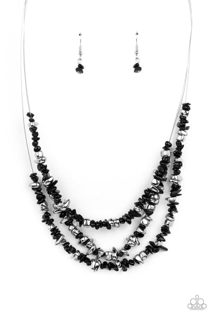Paparazzi Accessories-Placid Pebbles Black Earthly Silver Pebble Necklace Set