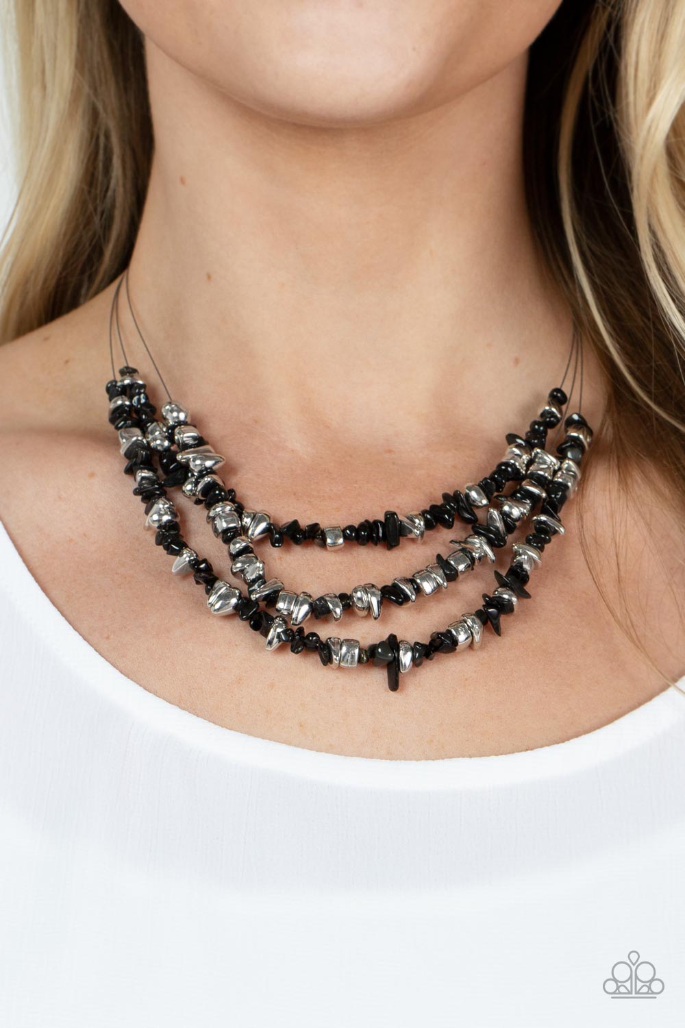 Paparazzi Accessories-Placid Pebbles Black Earthly Silver Pebble Necklace Set