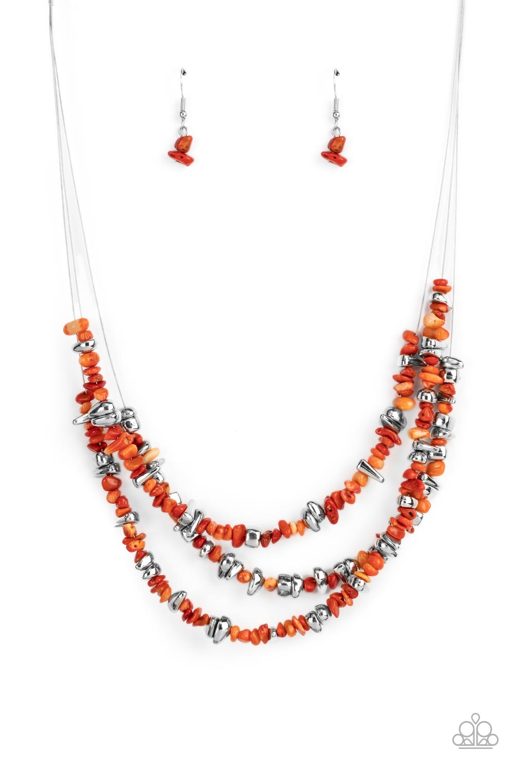 Paparazzi Accessories-Placid Pebbles Orange Earthy Silver Pebble Necklace Set