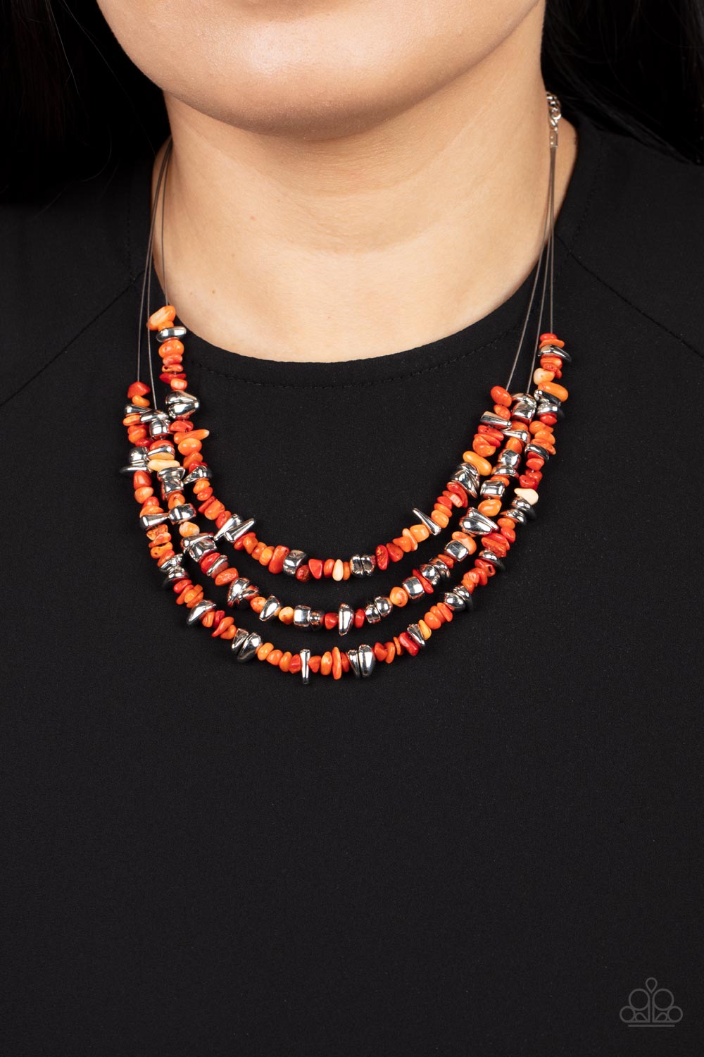 Paparazzi Accessories-Placid Pebbles Orange Earthy Silver Pebble Necklace Set