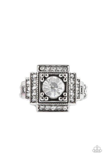 Paparazzi Accessories-Polished Pantheon White Rhinestone Rectangular Ring
