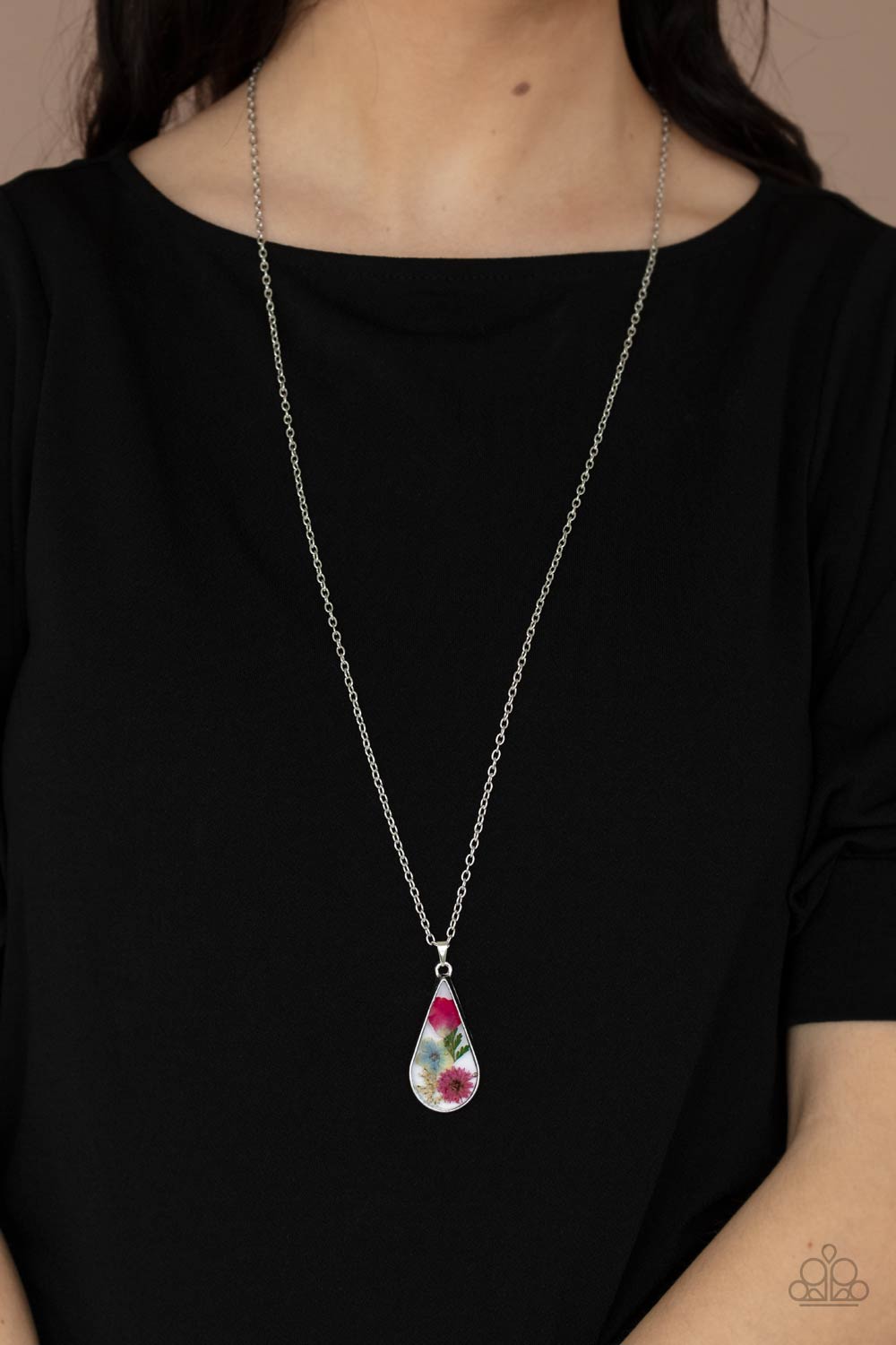 Paparazzi Accessories-Pop Goes the Perennial Pink Bouquet Teardrop Necklace Set