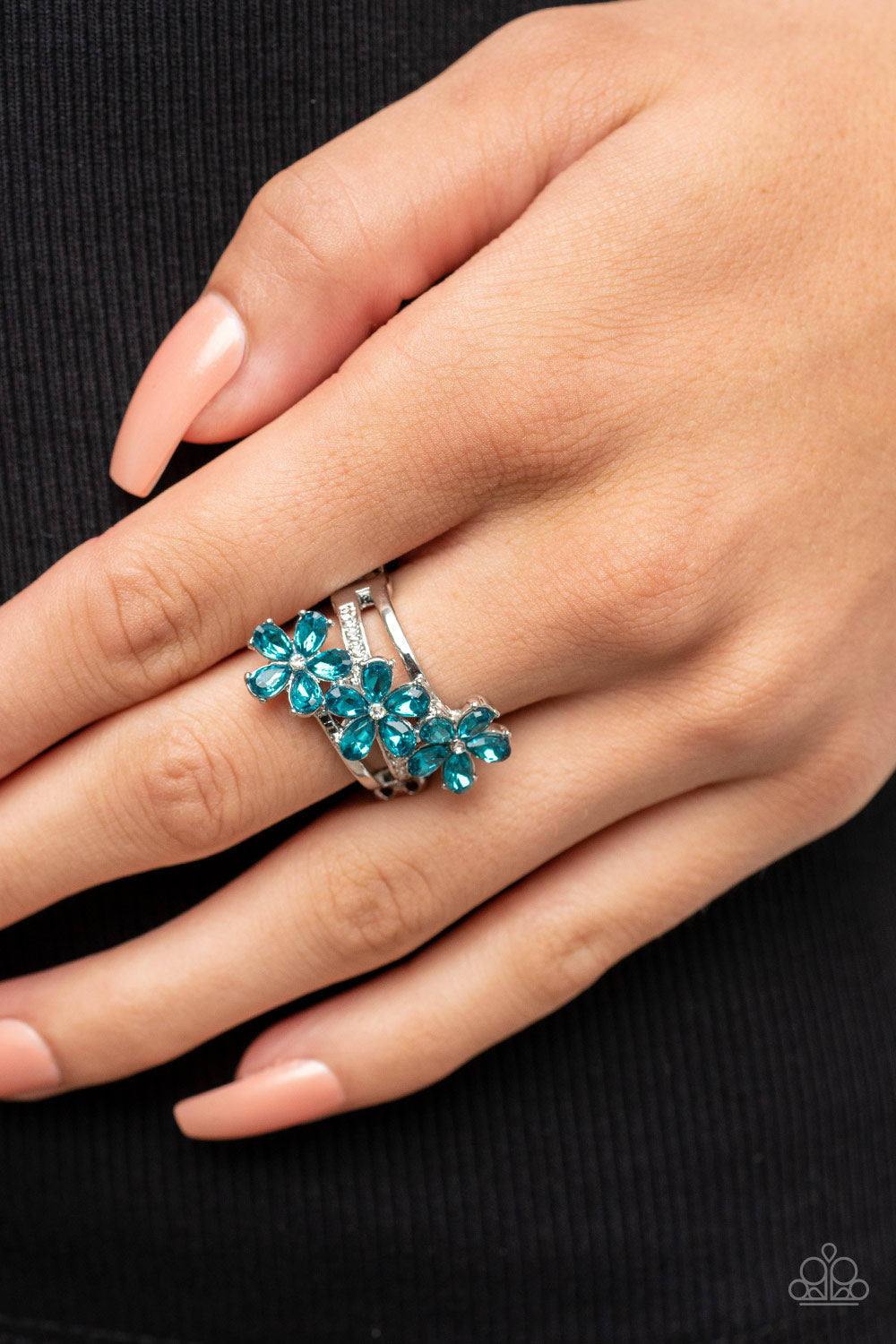 Paparazzi Accessories-Posh Petals Blue Floral Efflorescence Rhinestone Ring