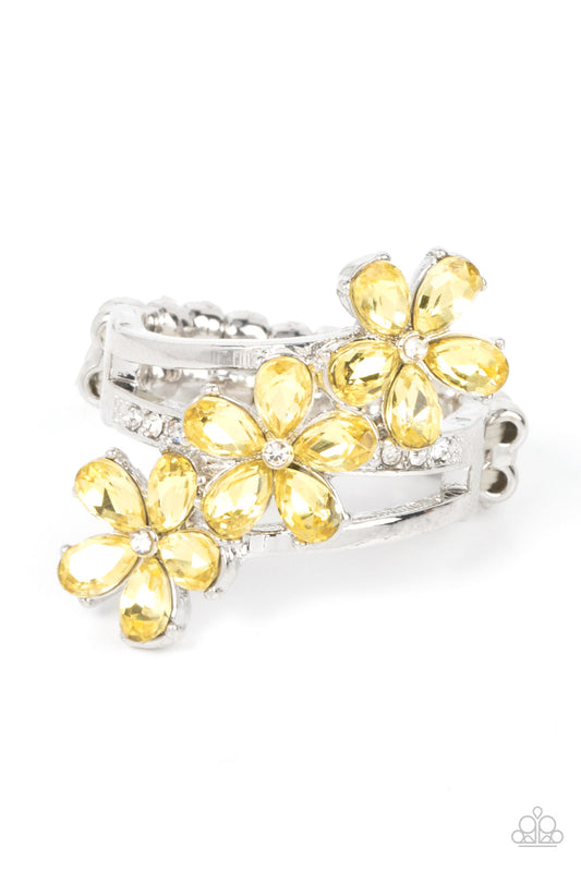 Paparazzi Accessories-Posh Petals Yellow Dainty White Rhinestone Floral Ring