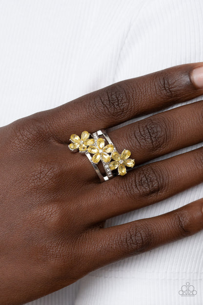Paparazzi Accessories-Posh Petals Yellow Dainty White Rhinestone Floral Ring