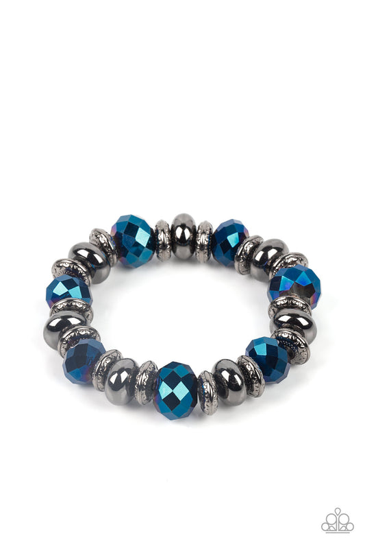 Paparazzi Accessories-Power Pose Blue Oversize Crystal Bead Gunmetal Bracelet