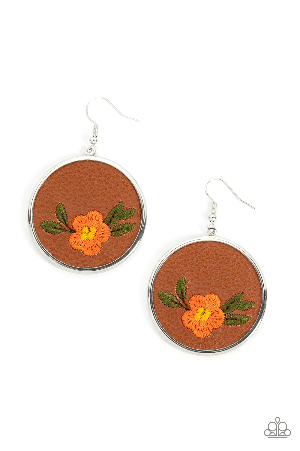 Paparazzi Accessories-Prairie Patchwork Orange Flower Leather Earring