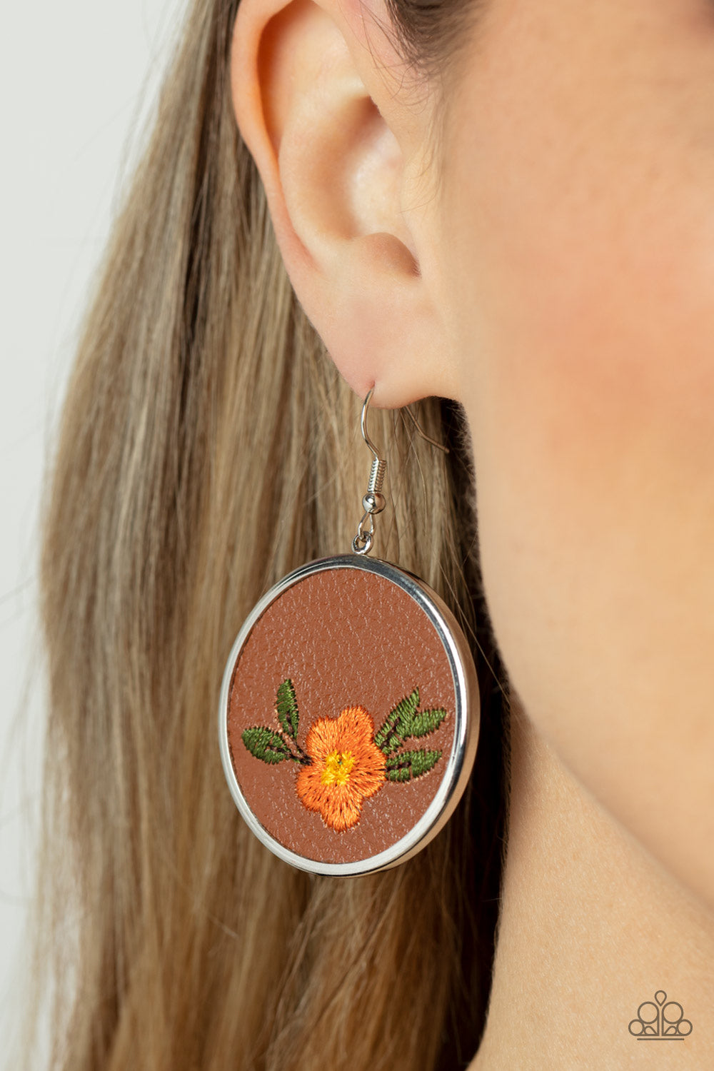 Paparazzi Accessories-Prairie Patchwork Orange Flower Leather Earring