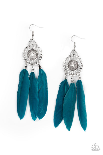 Paparazzi Accessories-Pretty In PLUMES Blue Mykonos Feather Earrings