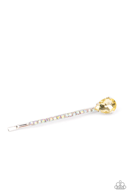 Paparazzi Accessories-Princess Precision Yellow Teardrop Opalescent Rhinestone Hair Clip