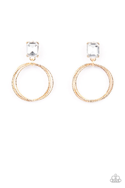 Paparazzi Accessories-Prismatic Perfection Gold White Emerald Rhinestone Earrings