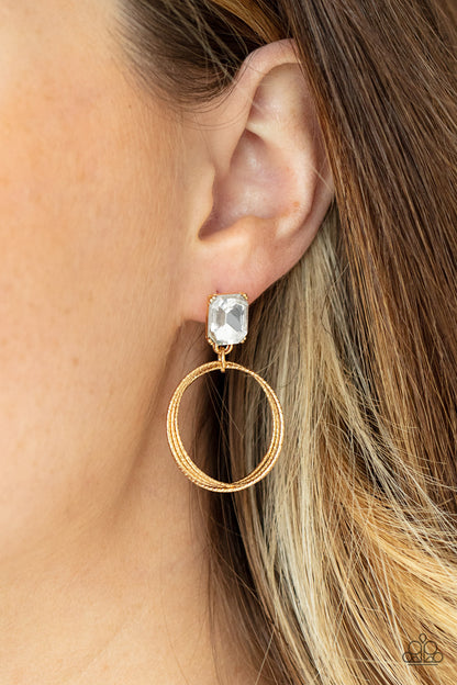 Paparazzi Accessories-Prismatic Perfection Gold White Emerald Rhinestone Earrings