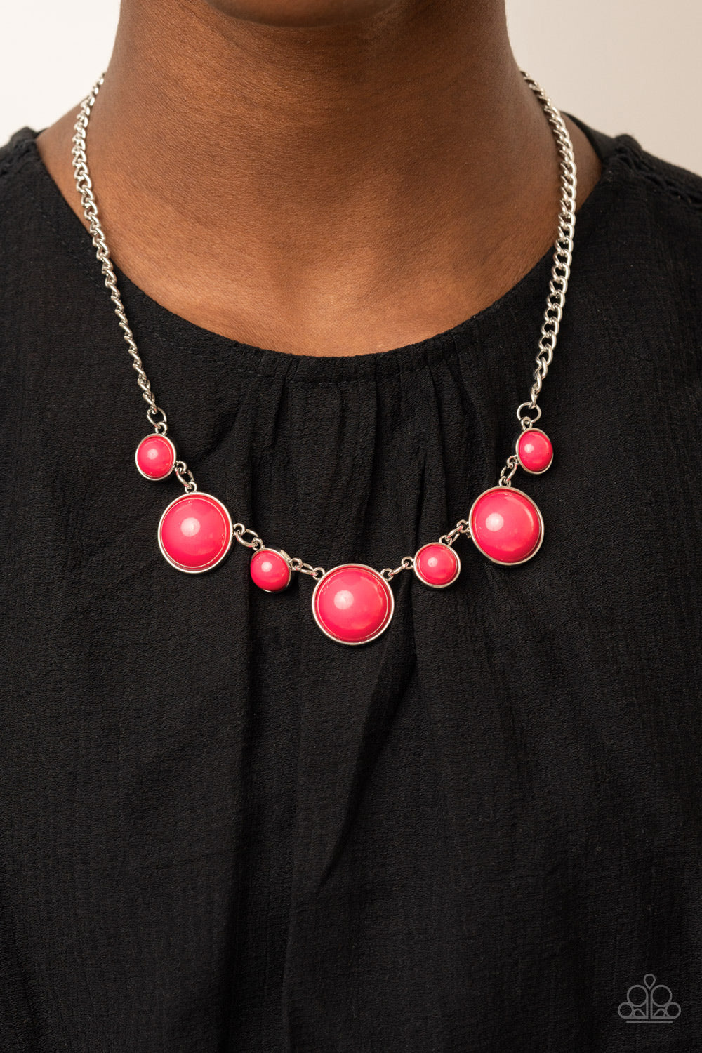 Paparazzi Accessories-Prismatically POP-tastic Pink Pressed Bead Silver Necklace Set