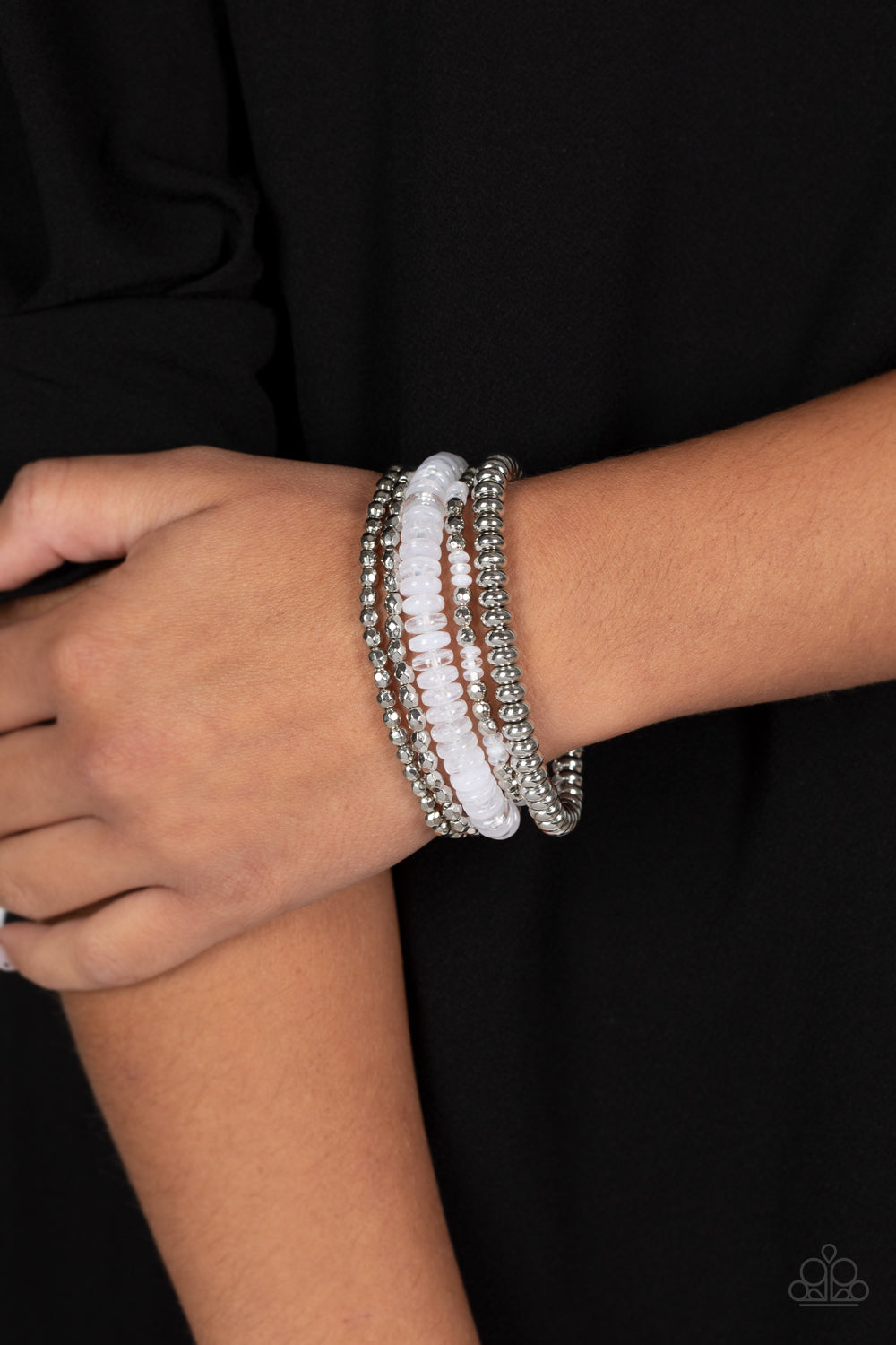 Paparazzi Accessories-Pristine Pixie Dust White Cloudy Silver Bead Bracelet
