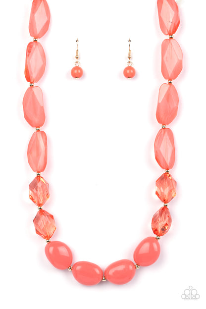 Paparazzi Accessories-Private Paradise Orange Dainty Gold Bead Necklace Set