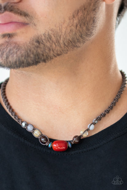 Paparazzi Accessories-Put Up A BEACHFRONT Glassy Iridescent Red Stone Men's Neck Cord