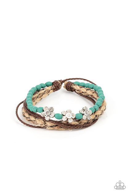 Paparazzi Accessories-Raffia Remix Silver Flowers on Turquoise Brown Twine Bracelet