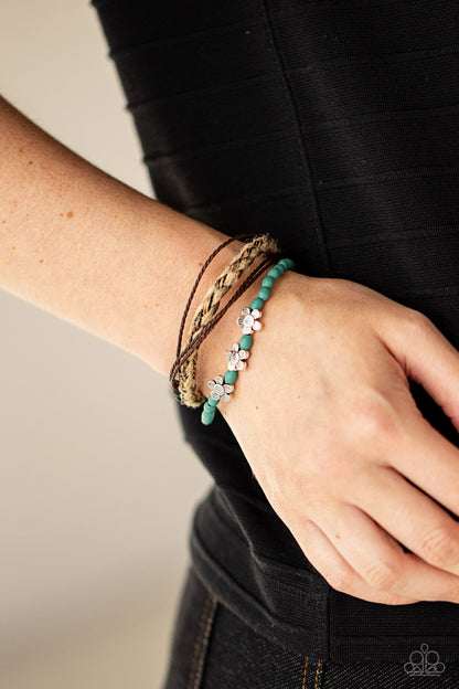Paparazzi Accessories-Raffia Remix Silver Flowers on Turquoise Brown Twine Bracelet