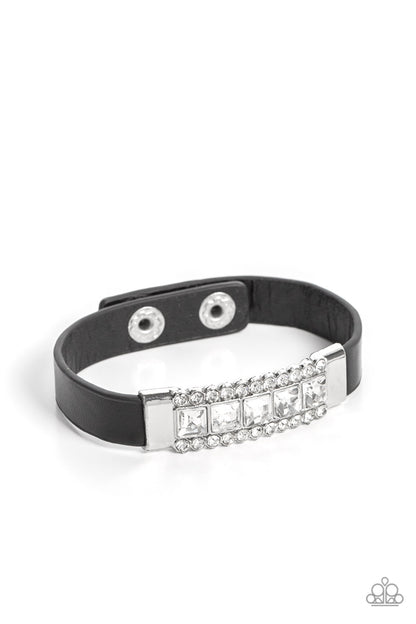 Paparazzi Accessories-Rebel Reputation Black Leather Glassy White Bracelet
