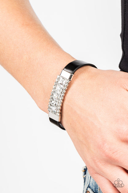 Paparazzi Accessories-Rebel Reputation Black Leather Glassy White Bracelet