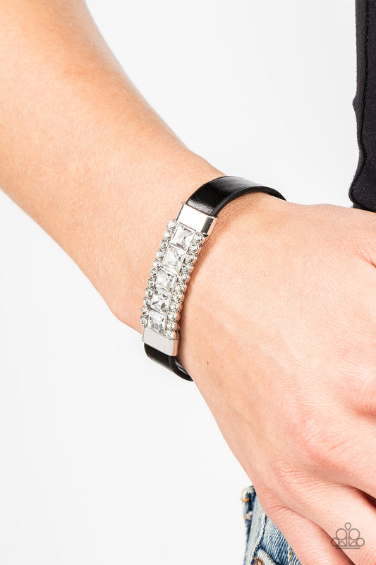 Paparazzi Accessories-Rebel Reputation Black Leather Glassy White Bracelet