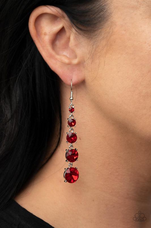 Paparazzi Accessories-Red Carpet Charmer Red Rhinestone Trickle Earrings