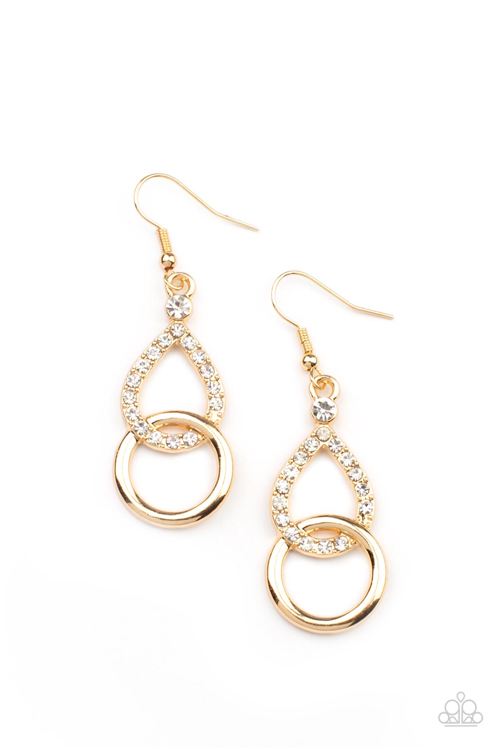 Paparazzi Accessories-Red Carpet Couture Gold Glittery White Rhinestone Earrings