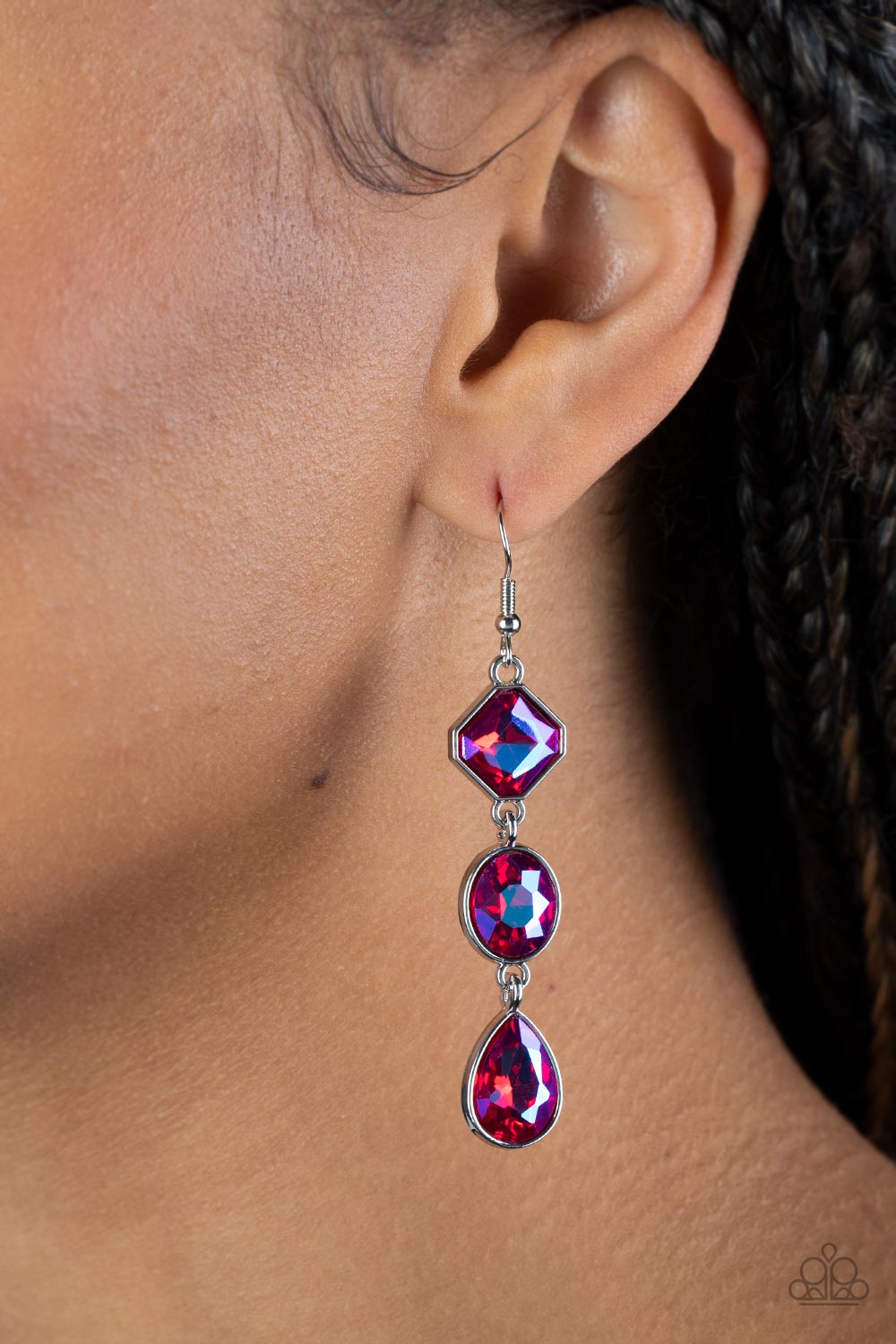 Paparazzi Accessories-Reflective Rhinestones Pink Iridescent Trio Earrings