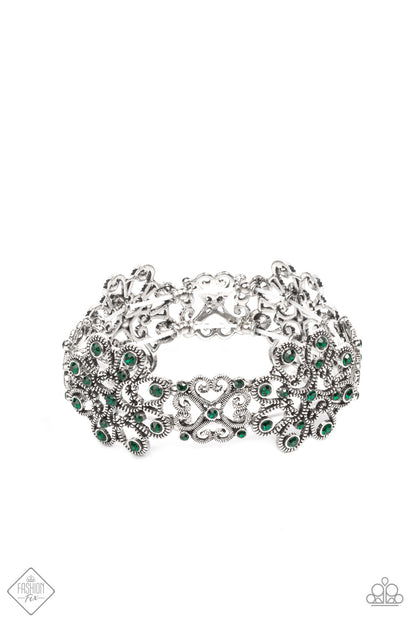Paparazzi Accessories-Regal Recognition Green Emerald Rhinestone Bracelet