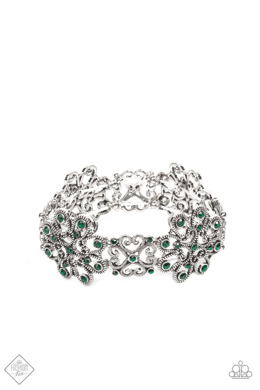 Paparazzi Accessories-Regal Recognition Green Emerald Rhinestone Bracelet