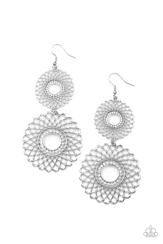 Paparazzi Accessories-Regal Roulette White Rhinestone Silver Petal Earrings