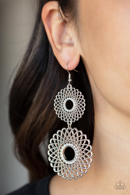 Paparazzi Accessories-Regal Roulette White Rhinestone Silver Petal Earrings