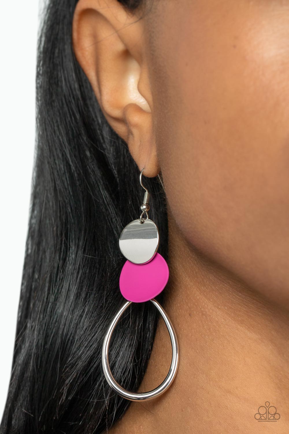 Paparazzi Accessories-Retro Reception Pink Shiny Silver Discs Necklace Set