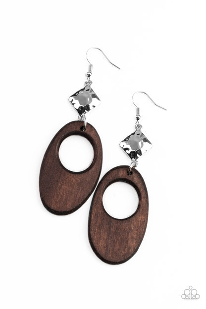 Paparazzi Accessories-Retro Reveal Brown Wooden Oval Earrings