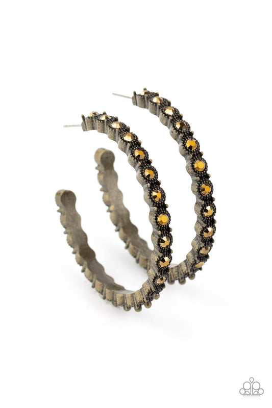 Paparazzi Accessories-Rhinestone Studded Sass Brass Hoop Earrings